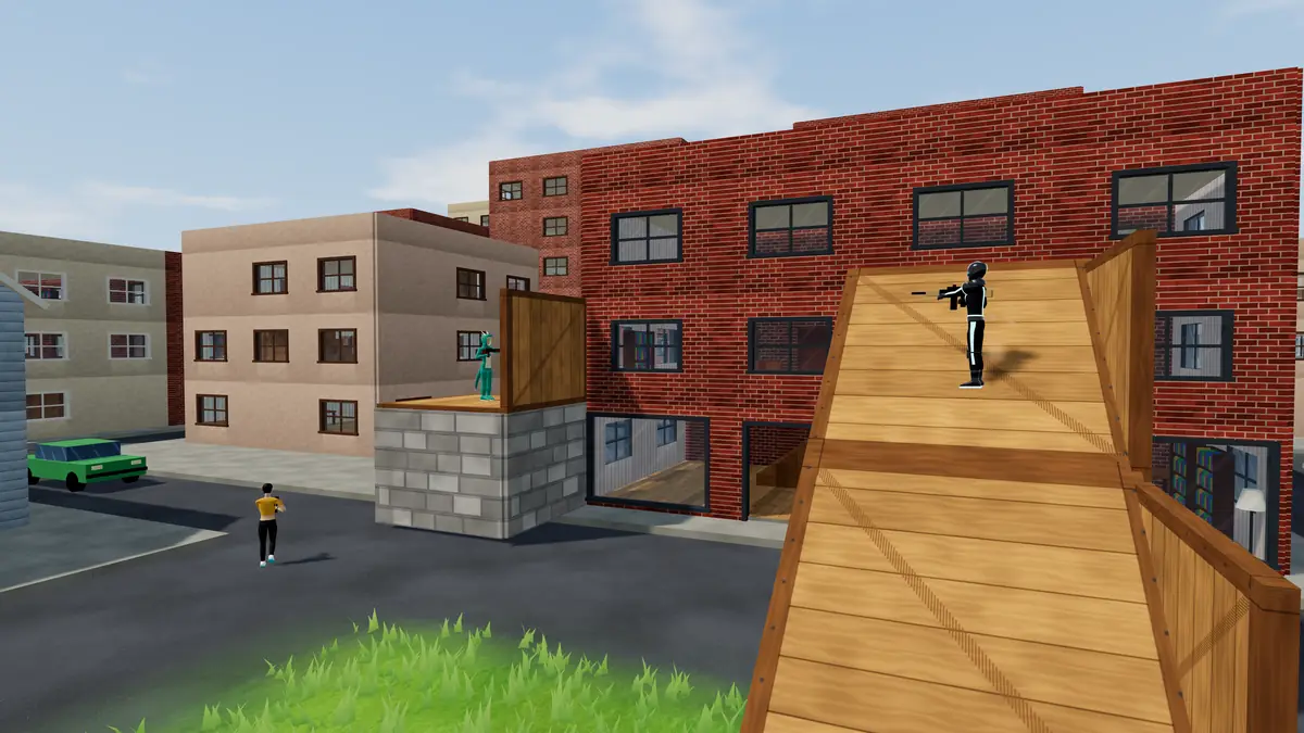 A player on a wooden ramp fires at another on a brick wall, in a street of Highbrick Heights.