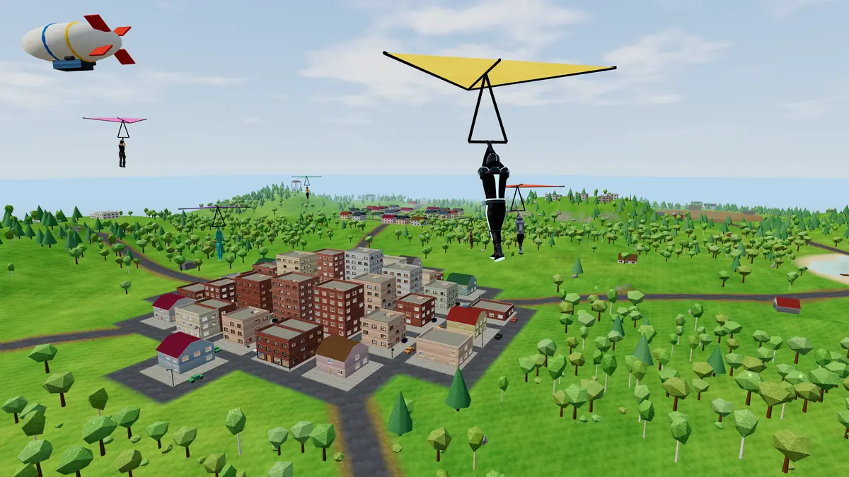 Players on hang gliders drop from the airship onto the brick towers of Highbrick Heights.