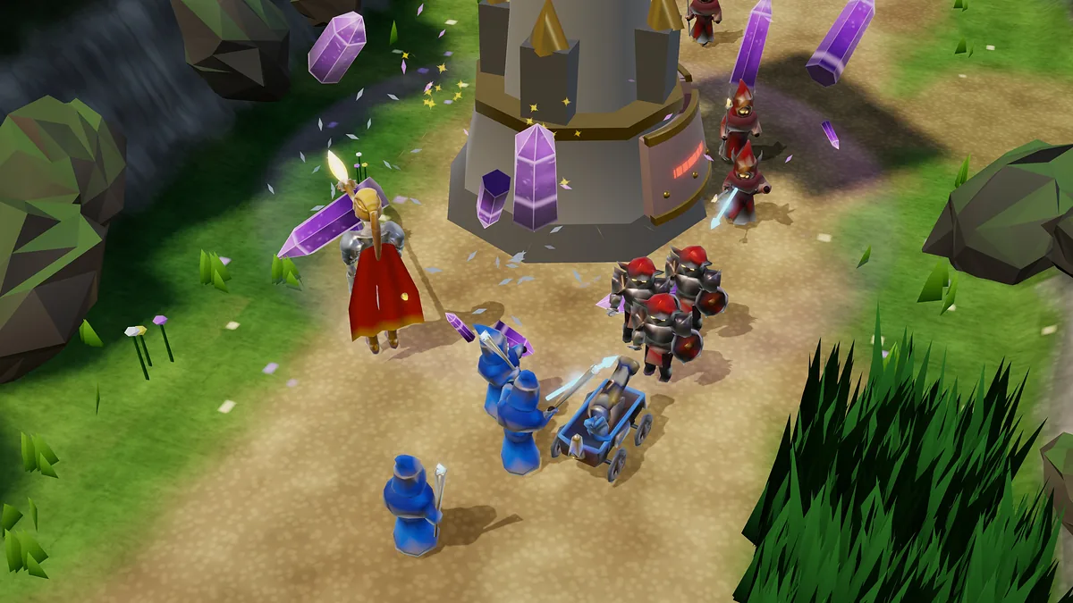Valeria and a wave of blue minions break the crystals on a Crimson turret.