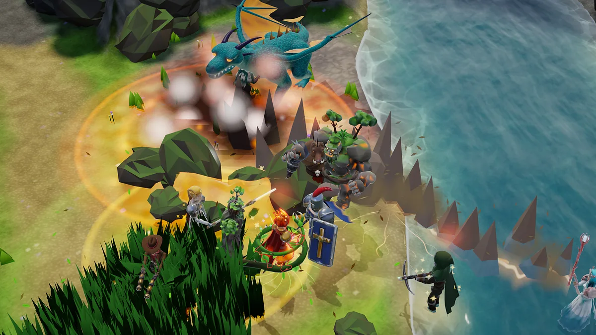 Both teams clash under a Tide Wyrm at the edge of the river.