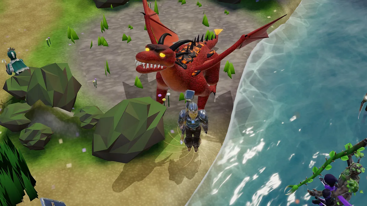 Torvald, hammer in hand, stands before a red Ember Wyrm in its pit by the river.