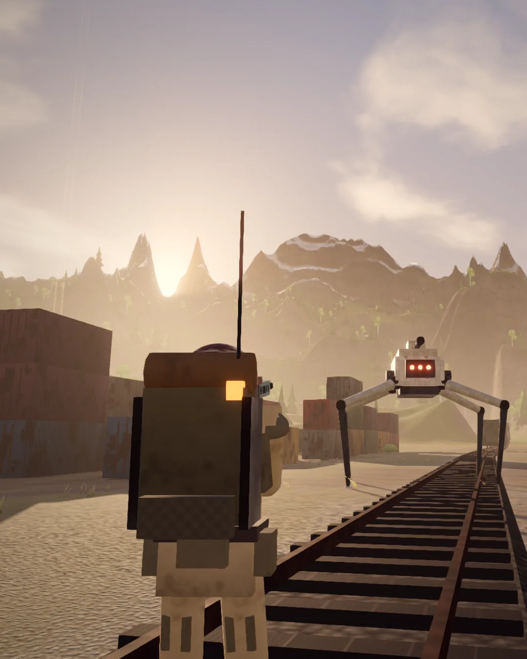 A runner on a railway track aims at a Stilt, a four-legged machine with red eyes, as the sun goes down behind the mountains.
