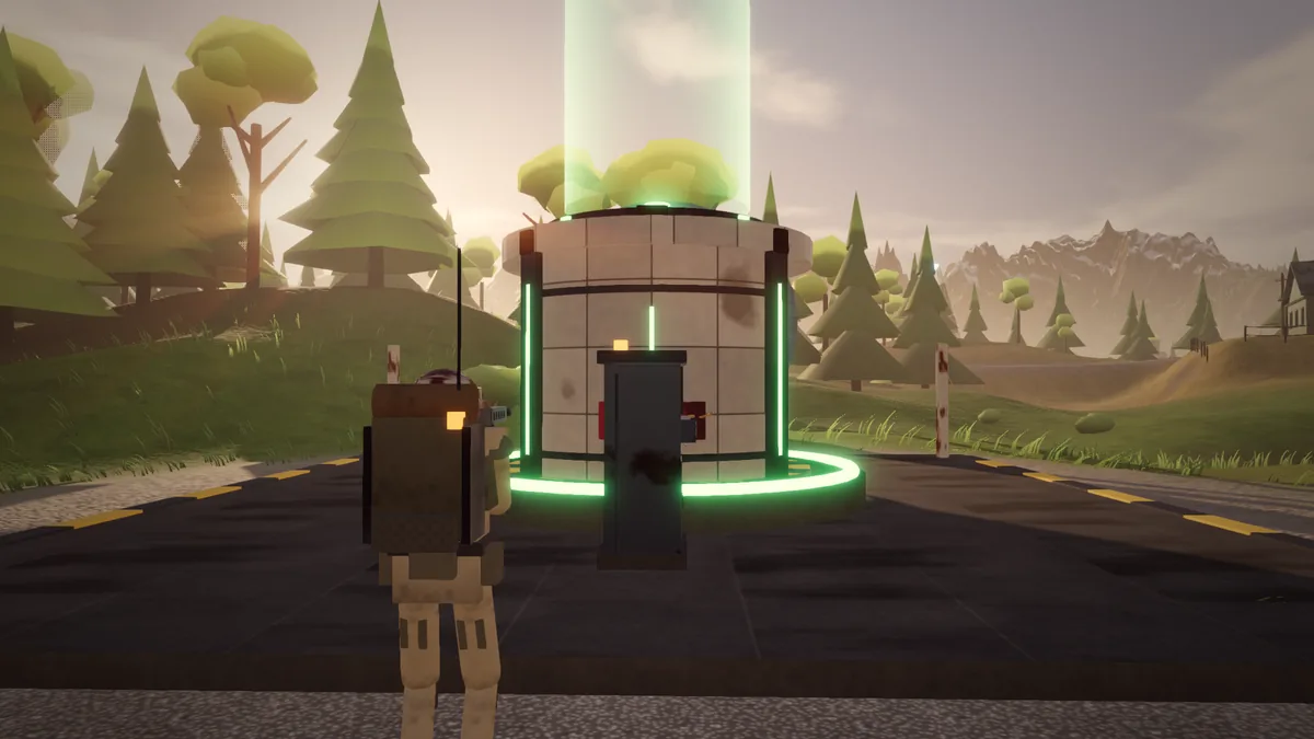 A lift car risen from a burrow hatch, its lamps green: the way out.