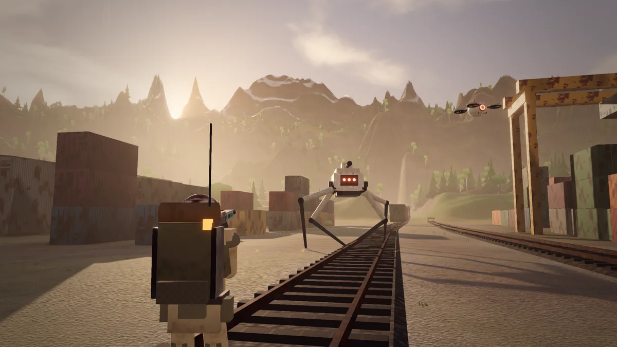 Rust Yards at sunset: a runner on the tracks, a Stilt walker and a Midge drone ahead.